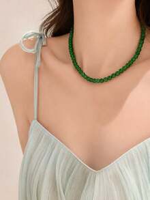 1pc Minimalist Vintage Skin-Flattering Green Beaded Necklace, Elegant Collarbone Chain, Niche Neck Chain, Versatile Styling, Suitable For Women's Daily Wear Or Vacation - Beaded Necklace - View 2