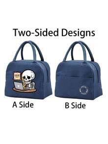 1 Pc, Creative Skeleton Pattern Printed Handbag, Large Capacity Handheld Lunch Box Bag, Suitable For Office Workers And Travel - one-size - View 8