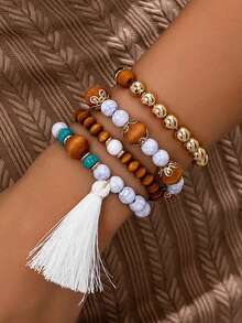 4 peças Conjunto de Pulseira com Caixa de Coração Delicada e Vintage com Contas, Contas de Oração de São Bento, Acessórios de Jóias Adequados para Todas as Estações, Presente Exquisito para o Dia dos Namorados - pulseira de contas de metal - Visão 9