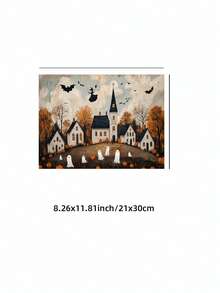 1pc Frameless Vintage Spooky Halloween City Wall Art Print, Whimsical Witch & Ghost Decor For College Dorm, Party, Bedroom, Gift - Witch - View 13