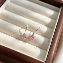 Minimalist 925 Sterling Silver Plain Silver Ear Hooks With Small Cubic Zirconia Water Drop Earrings, Multiple Colors Available, Suitable For Daily Wear - Pink - View 5