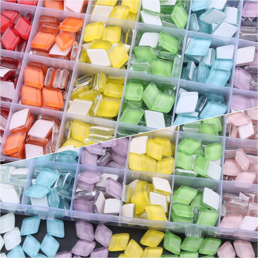 360pcs Rhombus Rainbow And Light Color Glass Mosaic 24-Grid Packaging Kit, Multi-Color Diy Bracelet Keychain Handmade Beading Accessory Set - B - View 1