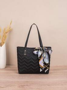 1pc Quilted Diamond Embroidered Scarf Decor Large Capacity Lightweight Versatile Commuter Tote Bag - Black - View 2