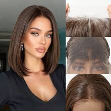 Topshe Peruca Bob Curta Preta Natural 13x6 Lace Front Cabelo Liso HD Lace Front Peruca Bob Cabelo Liso Brasileiro para Mulheres Peruca Lace Front Transparente Sem Cola com Baby Hair Repartição Aleatória, Halloween - Multicolorido - Visão 15