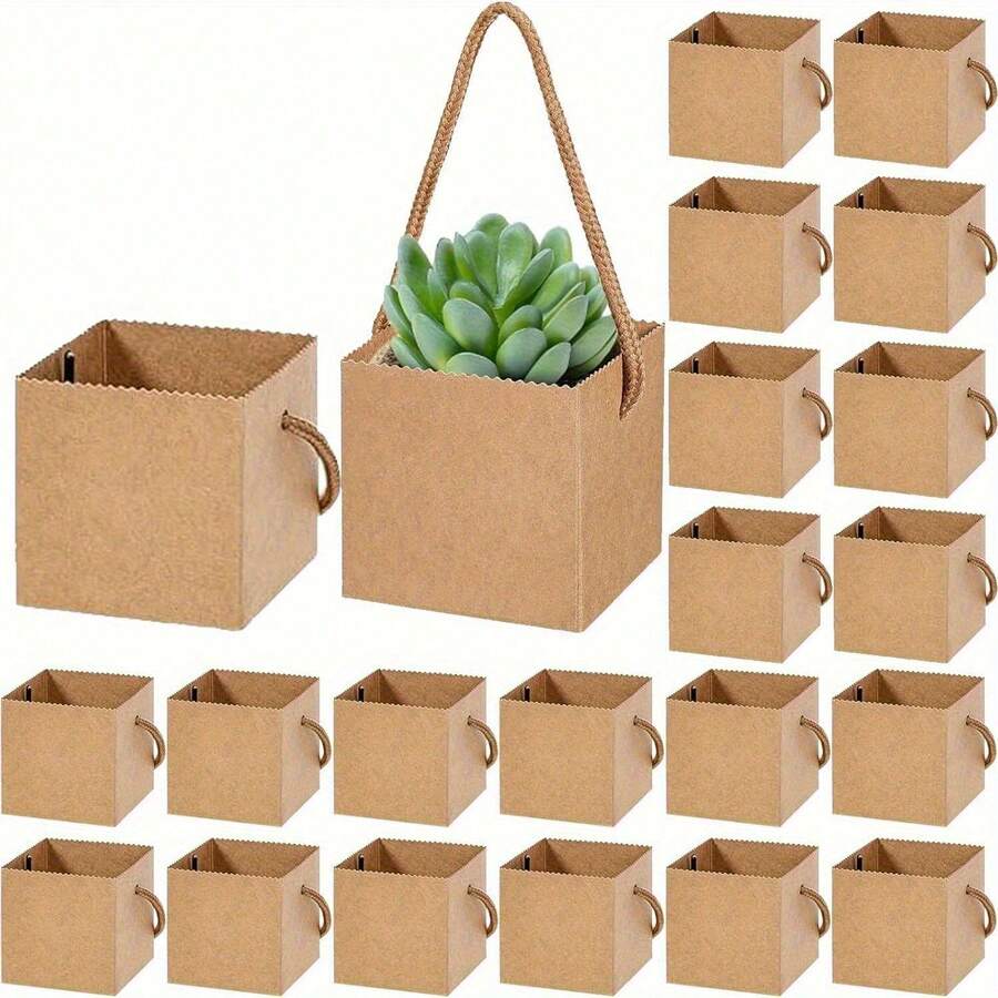 10/25/Pcs Succulent Packaging Bags Gift Boxes,Mini Square Kraft Paper Baskets With Handles, Suitable For Plants, Candies, Weddings, Bridal Showers, Parties And Other Events As Guest Favors.Packaging Bags. 50pcs(25 Bags +25 Ropes) - Multicolor - View 1