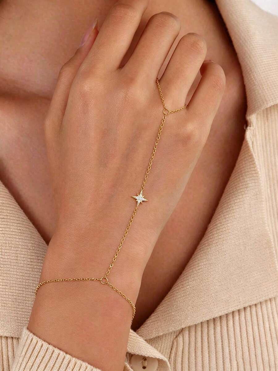 1pc S925 Sterling Silver Rhinestone Eight-Pointed Star Connected Finger Ring Bracelet, Minimalist Luxury Cold Style Design, European And American High-End Niche One-Piece Hand Jewelry, Suitable For Daily Casual, Vacation, Beach, Low-Key Cold Atmosphere, Exquisite Versatile Personalized Accessory Gift - Star - View 1