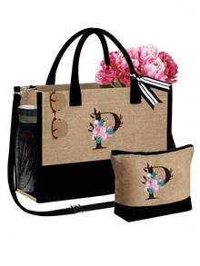 Women's Beach Tote Bag With Shoulder Strap, Pink Peony Flower A-Z Letter Print Tote Bag, Comes With Shoulder Strap And Makeup Bag; Vacation Beach Commute Shopping Bag, Gift Bag With Side Pockets, Large Capacity Handbag, Can Hold Books, Cosmetics, Parasol, Suitable For Daily Commute, Travel, Picnic, Camping, Students, Large Capacity Laptop Tote Bag, Student Commute Canvas Bag, Back To School Gift, Teacher's Day Gift - Multicolor - View 15