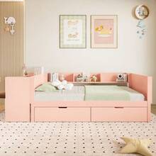 Flatbed, Wooden Bed, 90x200cm, With Desk, Equipped With 2 Drawers - 粉色 - 查看 3