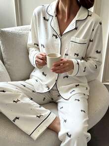 2pcs Women Loose Comfortable Breathable Long Sleeve Top And Long Pants Pajama Set - White - View 2