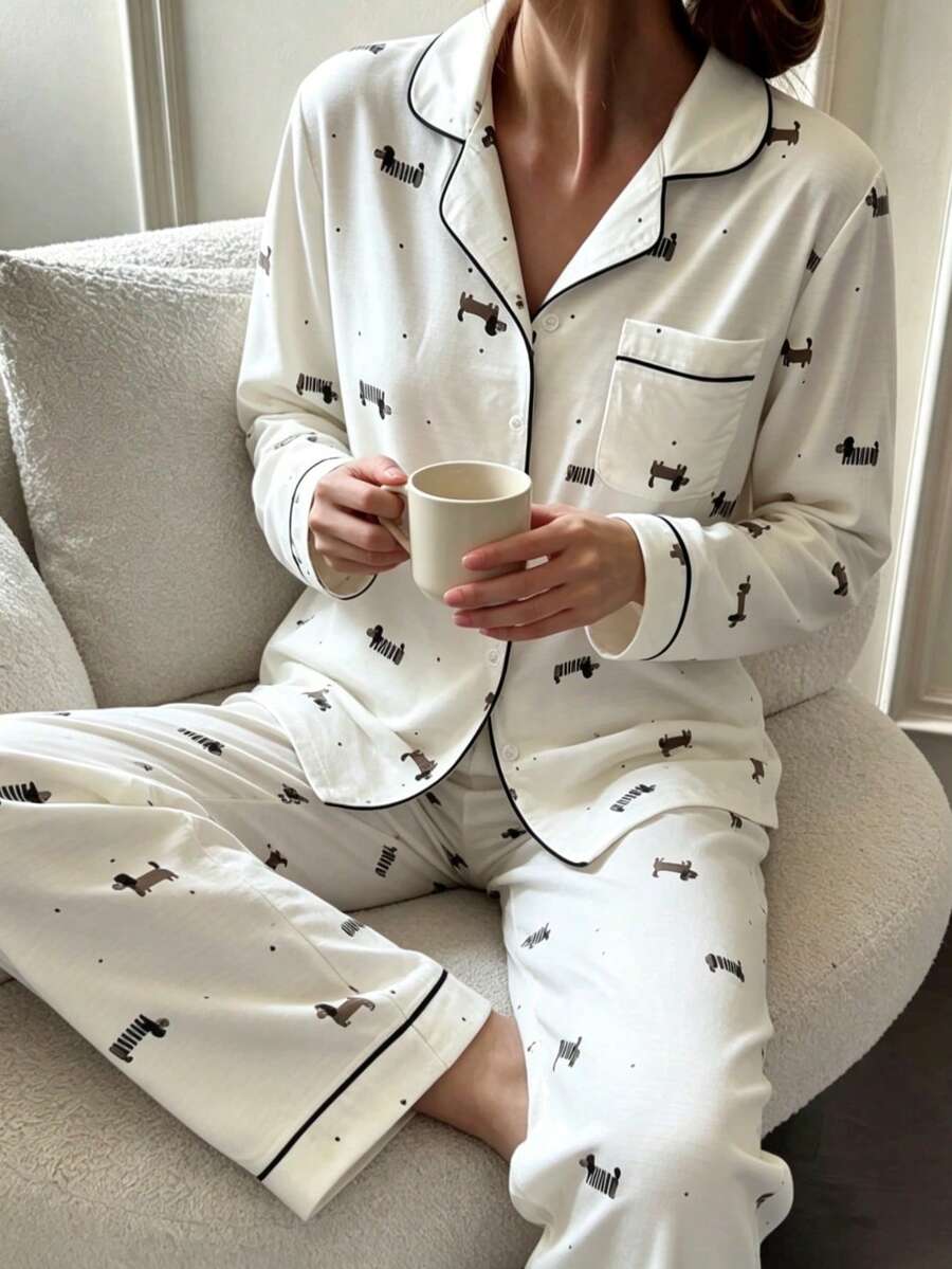 2pcs Women Loose Comfortable Breathable Long Sleeve Top And Long Pants Pajama Set