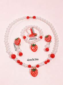 5pcs/Set Children's Sweet & Cute Strawberry Jewelry Set, Includes Necklace, Bracelet, Ring And Earrings, Suitable For Holiday Parties, Daily Wear - Multicolor - View 3
