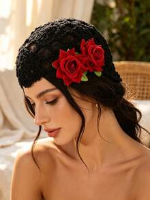 1 pieza Gorro turbante boho de ganchillo floral con tejido calado, gorro para el cabello con rosa roja, rosa rosa y lirio blanco, accesorios para el cabello para mujer, envoltura para la cabeza para vacaciones en la playa - Multicolor - Ver 3