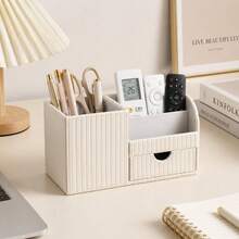 1pc Italian Luxury Vertical Striped PU Leather Drawer Organizer Box, Multi-Compartment Desktop Storage Holder, Suitable For Pens, Stationery, Remote Controls, Cosmetics, Keys, For Office And Bedroom Desktop Storage - View 3