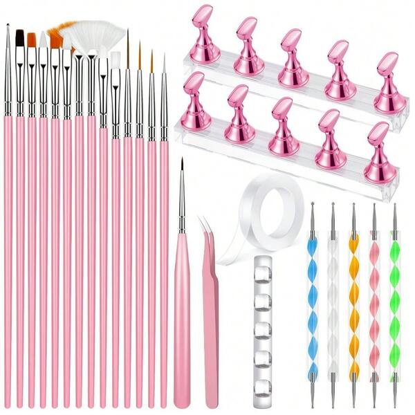 Nail Art Tools Set, 15 PCS Nail Art Brushes, Nail Stand For Press Ons, 5PCS Nail Dotting Tool And Brush Rack With Double Sided Tape Tweezers For Home Salon DIY Beginner Supplies
