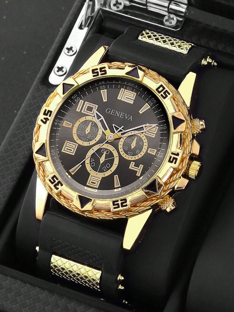 5pcs Set New Men's Large Dial Quartz Watch And Hip Hop Cuban Rhinestone Cross Pendant Accessory Set, Suitable For Daily Wear, Sports, Holidays, Campus Gift - Multicolor - View 5
