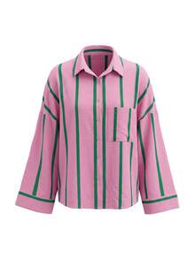 Plus Size Pink & Green Vertical Striped Button-Down Shirt, Women's Lapel Collar Long Sleeve Pocket Loose Casual Blouse - Pink - View 6