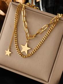 RAYQUEEN 1pc Fashion Minimalist Multi-Layer Vintage Stacked Metal Stainless Steel Five-Point Star Pendant Collarbone Necklace, Suitable For Daily Wear - Gold - View 7