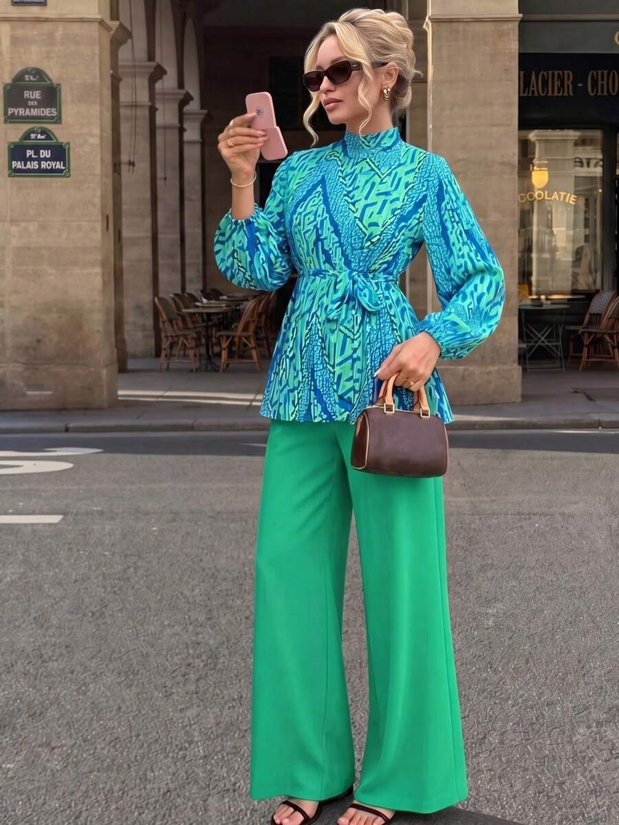 高端时尚褶皱泡泡袖优雅女式衬衫和高腰阔腿印花裤套装（配系带腰带），复古几何色块两件套，春夏