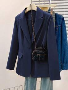 Blazer Wanita Ukuran Besar Warna Polos dengan Kerah Berlekuk, Jaket Kantor Lengan Panjang dengan Saku Kancing, Gaya Kasual Bisnis, Musim Gugur Musim Dingin Musim Semi - Navy Blue - View 3