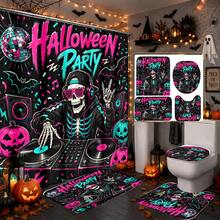 1/4pcs Neon Skull DJ Record Player Pumpkin Pattern Heat-Insulated Home Decor Bathroom Shower Curtain, With 12 Hooks, Suitable For Various Bathroom Scenes, Halloween Music Party Decoration - Skeleton DJ - View 1
