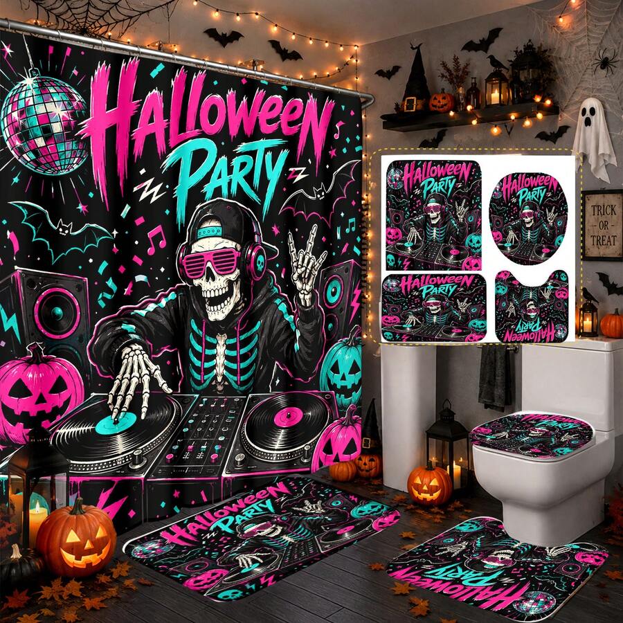 1/4pcs Neon Skull DJ Record Player Pumpkin Pattern Heat-Insulated Home Decor Bathroom Shower Curtain, With 12 Hooks, Suitable For Various Bathroom Scenes, Halloween Music Party Decoration - Skeleton DJ - View 1