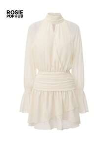 ROSIE POPHUB Women Cream Mock Neck Keyhole Flare Long Sleeve Ruched Waist Tiered Ruffle Mini Dress Elegant Party Daily Christmas Fall Winter - Beige - View 7