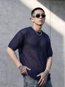 BLACKTOEXIT Men's Knitted Short Sleeve Crew Neck Fitted Loose American Street Style All-Over Hollow Mesh Solid Color Sheer Knit T-Shirt Spring Summer Knit Top - Navy Blue - View 2