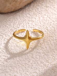 1Pc Smooth Cross Star Open Rings, 18K Gold Plated Stainless Steel Ring, Minimalist Women Jewelry For Daily Holiday Gift - Multicolor - View 6