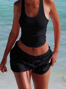 Unadoll Women Fall Black Casual Sporty Two‑Piece Set, Ribbed Racerback Crop Tank & Drawstring Shorts For Back To School, Sports & Daily Wear - Black - View 7