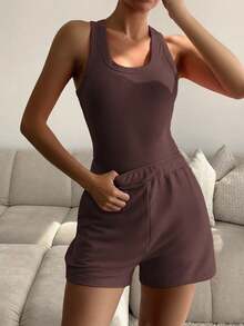 Unadoll Women Fall Brown Casual Sporty Two‑Piece Set, Ribbed Racerback Crop Tank & Drawstring Shorts For Back To School, Sports & Daily Wear - Brown - View 5