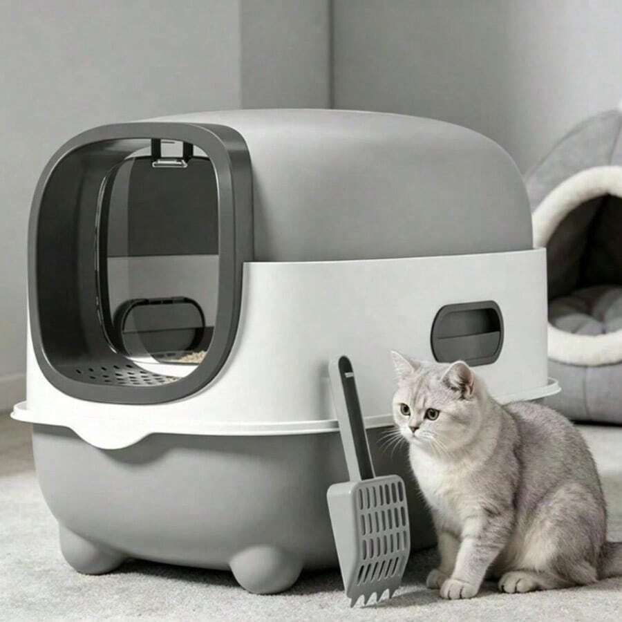 Kotak Pasir Kucing dengan Tutup dan Sekop, Pengontrol Bau, Anti Siram, Mudah Dibersihkan, Cocok untuk Kucing Dalam Ruangan - Satu-Ukuran - View 1