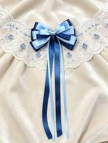 1pc Girls Simple Bow Ribbon Hair Clip, Multi-Layer Ribbon Bow Half-Up Ponytail Hair Clip, Suitable For Daily Wear, Back To School, Matching Outfits - Navy Blue - View 3