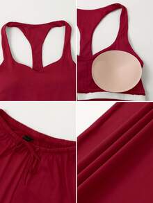NcmRyu Setelan Olahraga Wanita 1 Set: Atasan Tank Top Camisole dengan Tali Serut dan Saku, Celana Panjang Lebar - Merah - View 5