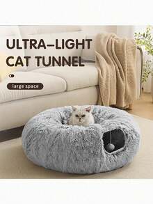 Cat Bed Tunnel Plush Mat - Detachable Washable Soft Mattress, Connectable Cat Play Tunnel, Multi-Functional Cat House, Suitable For Indoor Cats And Puppies To Keep Playing - Grey - View 9
