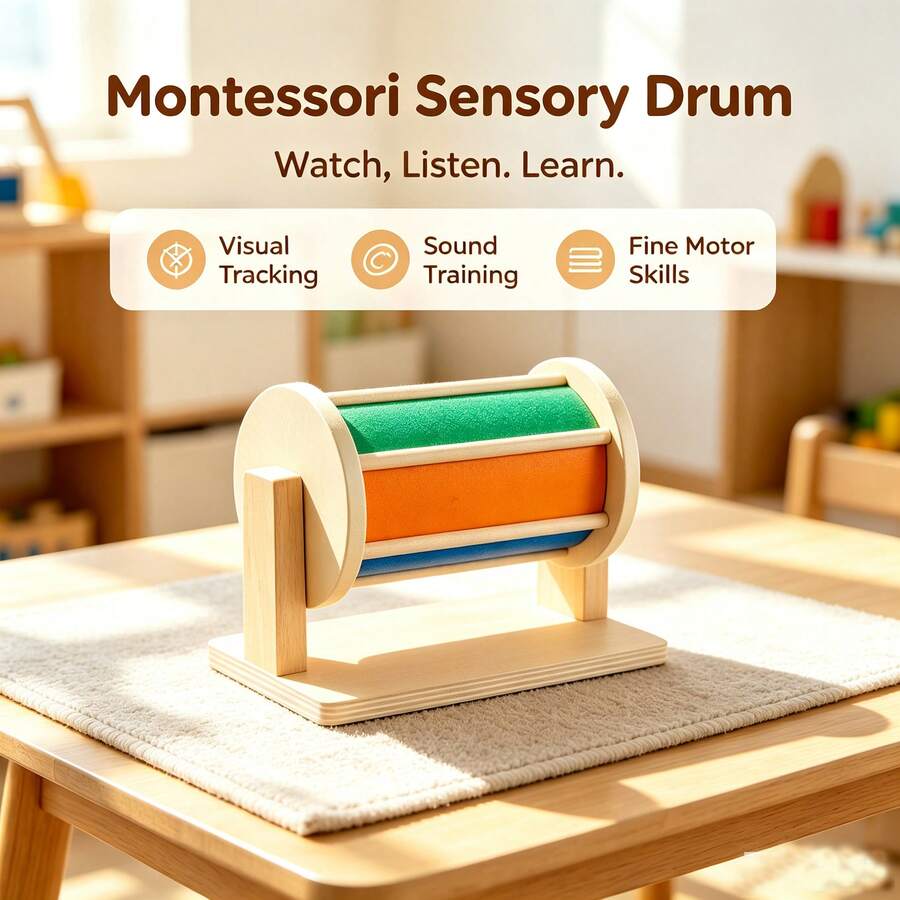 1 Set Children's Early Education Wooden Textile Drum Toy, Color Recognition & Hand-Eye Coordination Development, Sound-Following Montessori Teaching Tool - Multicolor - View 1