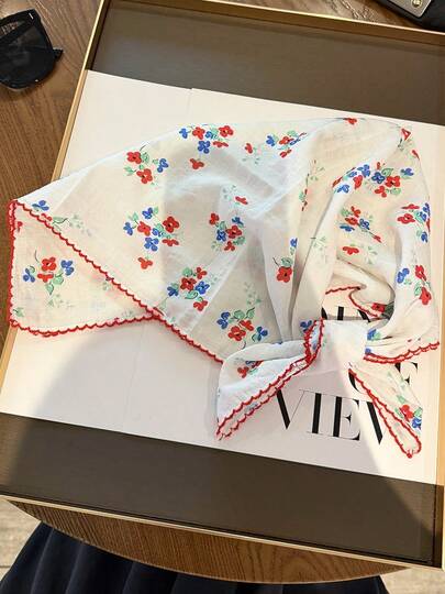 60cm Fruit & Floral Pattern Small Square Silk Scarf, Women's Spring/Autumn New High-End Sheer Neck Scarf, Versatile Decorative Thin Scarf