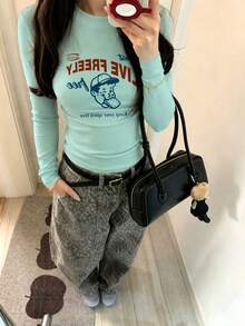 Mint Green Long Sleeve T-Shirt For Women, 2026 New Slim Fit Letter Print Design Short Base Layer Top Casual - Mint Green - View 3