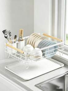 Black & White Carbon Steel Dish Drying Rack With Wooden Handle, Large Capacity Countertop Dish Rack,Kitchen Storage Rack,Countertop Plate Bowl Cup Organizer With Removable Utensil Holder & Drain Tray, Multi-Size Kitchen Dish Storage Rack For Home - View 5