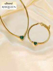 RAYQUEEN "Two Green Heart Zirconia Stainless Steel Necklace + Bracelet Set For Women - Perfect Holiday Gift" - Green - View 3