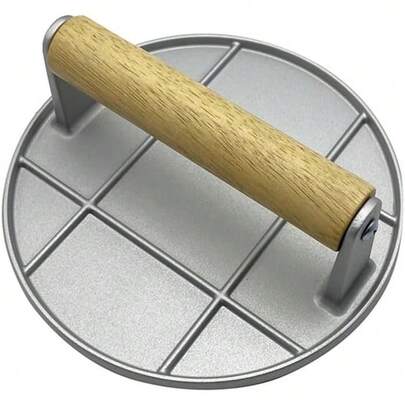 Presă manuală pentru carne, Flippy, din aliaj de aluminiu, cu mâner din lemn, presă pentru burgeri, ușor de curățat și utilizat, rotundă, 16x16x6 cm, gri