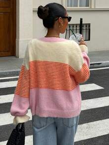 女款優雅溫柔風拼色條紋漸層馬海毛針織開襟衫，荷葉邊燈籠袖寬鬆短版毛衣外套 - 彩色 - 查看 5