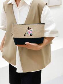 Women's Beach Tote Bag With Shoulder Strap, Pink Peony Flower A-Z Letter Print Tote Bag, Comes With Shoulder Strap And Makeup Bag; Vacation Beach Commute Shopping Bag, Gift Bag With Side Pockets, Large Capacity Handbag, Can Hold Books, Cosmetics, Parasol, Suitable For Daily Commute, Travel, Picnic, Camping, Students, Large Capacity Laptop Tote Bag, Student Commute Canvas Bag, Back To School Gift, Teacher's Day Gift - Multicolor - View 8