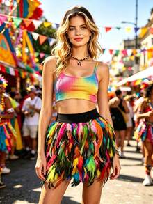 Women Natural Feather Skirt,Feather Short Mini Skirt A-Line Elastic Waist Feathered Tutu Skirt For Halloween Costume Multicolor - Black - View 7