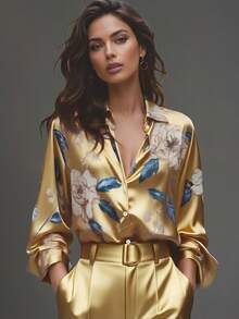 Elegant Women's Floral & Leaf Print Button-Down Shirt, Suitable For Vacation And All Seasons Spring - Yellow - View 1