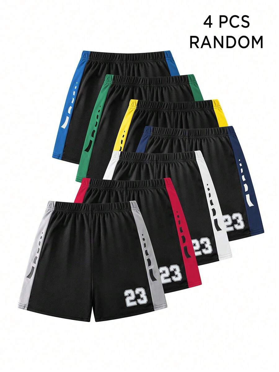 4pcs/Set Pantalones cortos deportivos de malla para niños & jóvenes, 4 colores aleatorios de 7, adecuados para entrenamiento diario y baloncesto - Multicolor - Ver 1