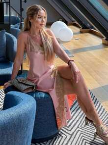 Vestido de tirantes finos con ribete de encaje rosa casual y elegante para mujer GMFP, verano/otoño, uso diario, vacaciones, Halloween, Navidad - Carne - Ver 5