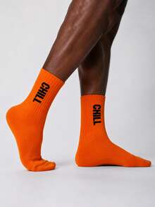 2 Pairs Fun Letter Casual Sports Mid-Calf Socks, Suitable For Sports Wear, Perfect For Back To School Students, Great Gift For Boyfriend - Burnt Orange - View 3