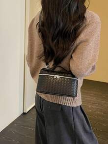 BEIKAMU 1件裝時尚純色PU方形包，拉鍊開合百搭女款方盒手提包，可調節肩帶斜挎包，適合大學、通勤、購物、街頭穿搭、日常使用 - 黑色 - 查看 4
