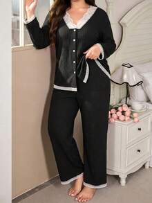 Women's Lace Trim Pajama Set, Textured 2 Pieces Set, Spring/Autumn - Black - View 1