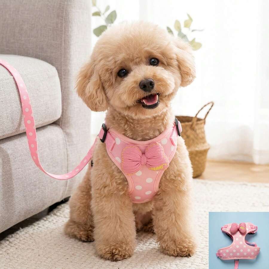 PETCHIC Conjunto de Arnés y Correa para Perros con Lunares Lindos - Chaleco para Cachorros sin Estrangulamiento con Lazo 3D, Arnés para Gatos de Malla Suave y Transpirable a Prueba de Escape, Conjunto para Pasear Mascotas Lavable a Máquina para Perros Pequeños y Medianos